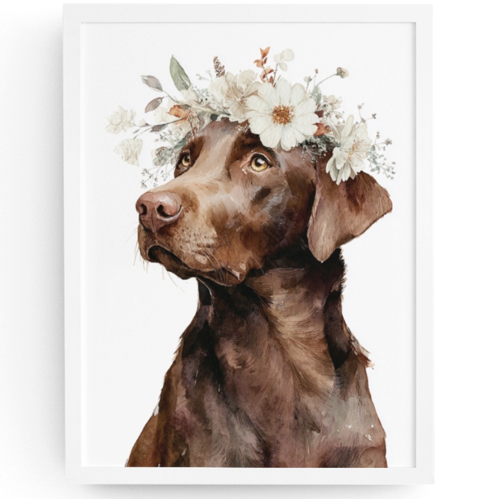 Watercolor Labrador Retriever with Flower Crown Portrait Wall Art Print Unframed